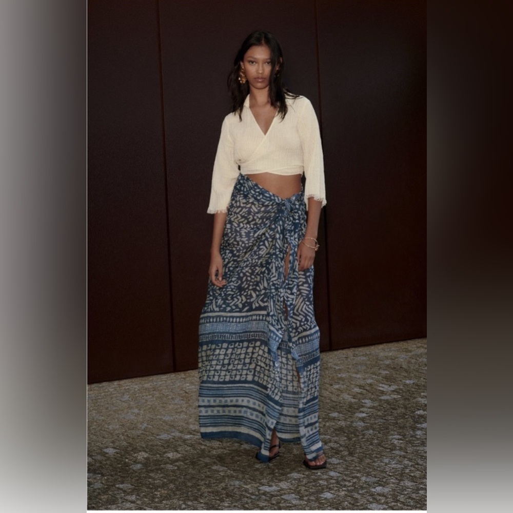NEW Zara Printed Linen Blend Wrap Skirt Indigo Boho Tribal